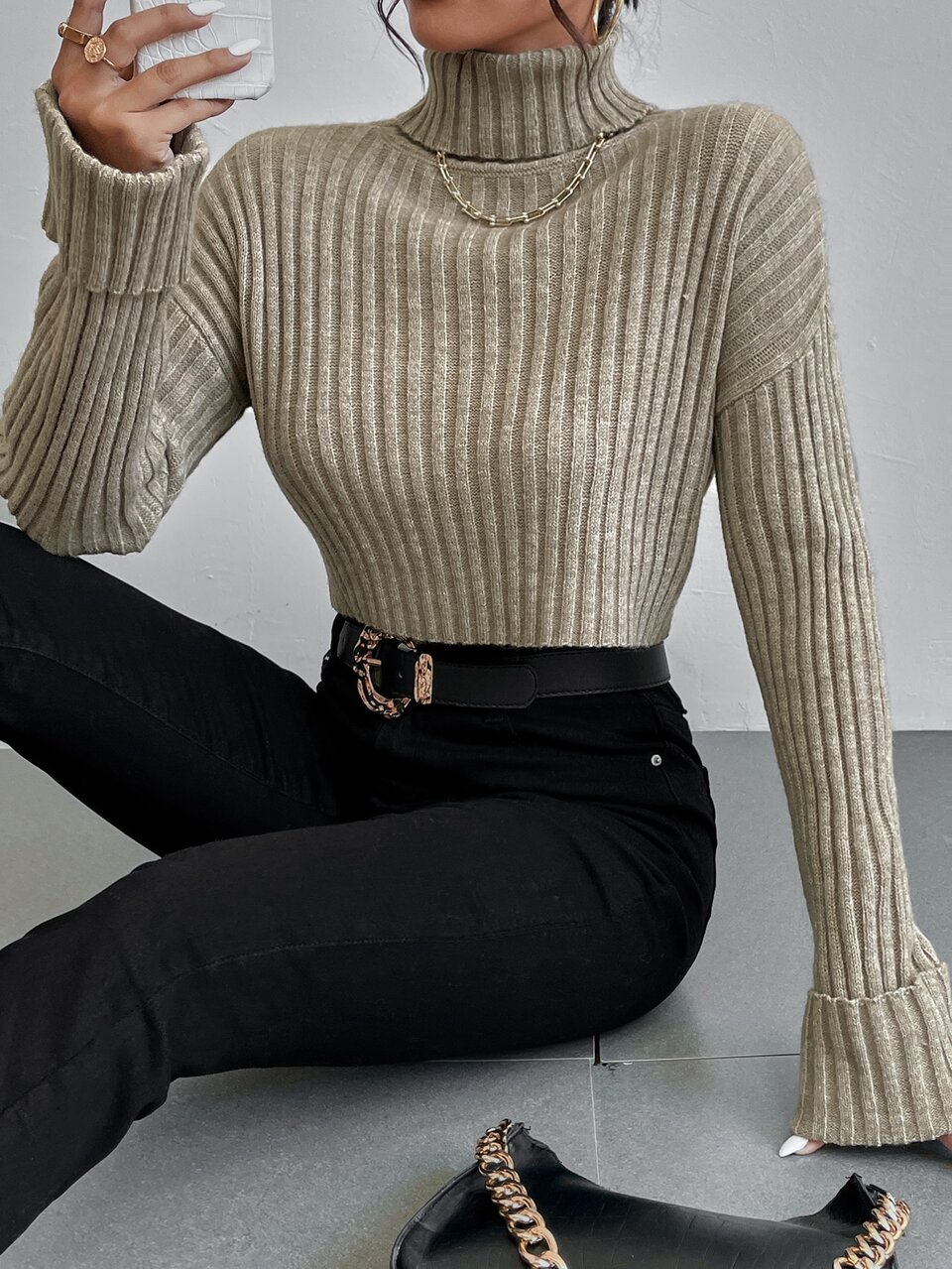 Drop Shoulder Turtle Neck Ribbed Knit Sweater Knit Pullover Fall Winter