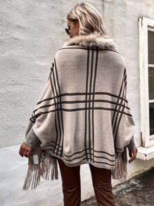 SHEIN LUNE Plaid Pattern Fringe Fuzzy Trim Dolman Sleeve Cardigan - Apricot - View 2