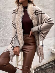 SHEIN LUNE Plaid Pattern Fringe Fuzzy Trim Dolman Sleeve Cardigan - Apricot - View 5