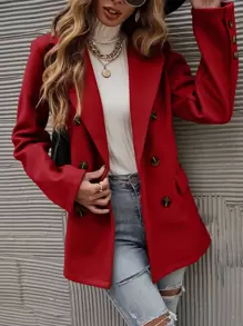 SHEIN LUNE Solid Double Breasted Blazer For New Year Clothes Fall Cloth For Women - Red - View 4