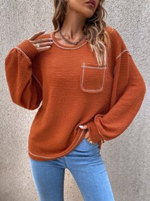 SHEIN LUNE 頂針落肩袖口袋貼布T恤 - 亮橙色 - 查看 3