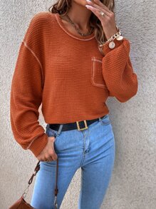 SHEIN LUNE 頂針落肩袖口袋貼布T恤 - 亮橙色 - 查看 4