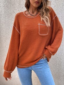 SHEIN LUNE 頂針落肩袖口袋貼布T恤 - 亮橙色 - 查看 6