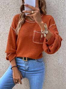 SHEIN LUNE 頂針落肩袖口袋貼布T恤 - 亮橙色 - 查看 7