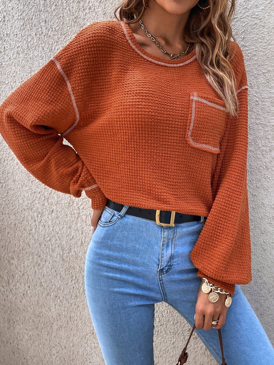 SHEIN LUNE 頂針落肩袖口袋貼布T恤 - 亮橙色 - 查看 1