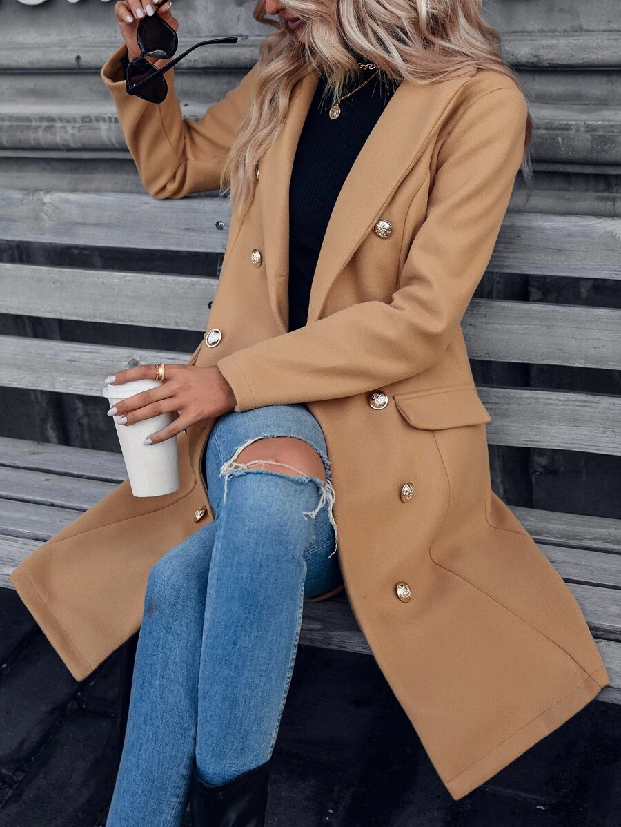 SHEIN LUNE 西裝領雙排釦粗花呢花呢外套 - 卡其色 - 查看 1