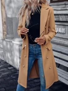 SHEIN LUNE 西裝領雙排釦粗花呢花呢外套 - 卡其色 - 查看 3