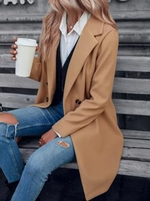 SHEIN Clasi Lapel Neck Double Breasted Tweed Overcoat - Khaki - View 1