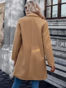 SHEIN Clasi Lapel Neck Double Breasted Tweed Overcoat - Khaki - View 2