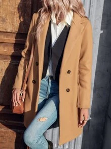 SHEIN Clasi Lapel Neck Double Breasted Tweed Overcoat - Khaki - View 3