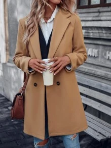 SHEIN Clasi Lapel Neck Double Breasted Tweed Overcoat - Khaki - View 4