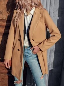 SHEIN Clasi Lapel Neck Double Breasted Tweed Overcoat - Khaki - View 5