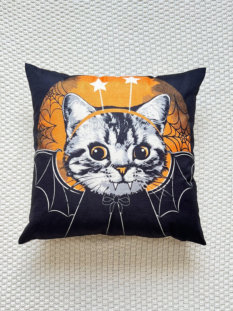 1pc Halloween Cat Pattern Cushion Cover Without Filler - Multicolor - View 1