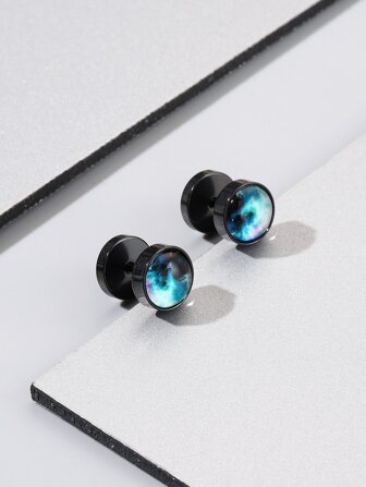Fashionable and Popular Men Galaxy Pattern Round Stud Earrings Stainless Steel Punk Hip Pop Style for Jewelry Gift and for a Stylish Look