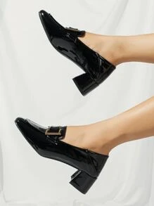 Metal Decor Chunky Heeled Loafer Pumps - Black - View 3