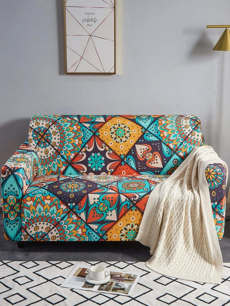 1pc Geometric Pattern Sofa Slipcover - Multicolor - View 1