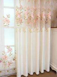 Cortina panel única con hueco con bordado de flor - Beis - Ver 4