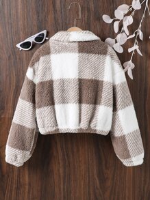 Chaqueta Teddy Con Estampado De Cuadros De Búfalo Para Niña Adolescente, Con Hombros Caídos Sin Suéter