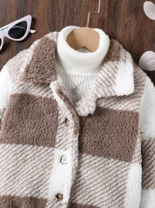 Chaqueta Teddy Con Estampado De Cuadros De Búfalo Para Niña Adolescente, Con Hombros Caídos Sin Suéter