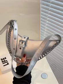 Cool Silver Handbag, PU Leather Shoulder Bag, Y2K Chain Decor Half-moon HandBag With Zipper Metallic Chain & Buckle Decor Saddle Bag Cool Silver Handbag, PU Leather Shoulder Bag, Y2K Chain Decor Half-moon Handbag With Zipper - Silver - View 1