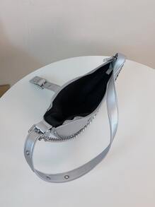 Cool Silver Handbag, PU Leather Shoulder Bag, Y2K Chain Decor Half-moon HandBag With Zipper Metallic Chain & Buckle Decor Saddle Bag Cool Silver Handbag, PU Leather Shoulder Bag, Y2K Chain Decor Half-moon Handbag With Zipper - Silver - View 3