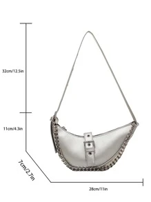Cool Silver Handbag, PU Leather Shoulder Bag, Y2K Chain Decor Half-moon HandBag With Zipper Metallic Chain & Buckle Decor Saddle Bag Cool Silver Handbag, PU Leather Shoulder Bag, Y2K Chain Decor Half-moon Handbag With Zipper - Silver - View 4