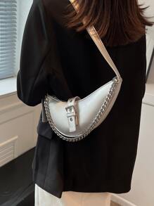 Cool Silver Handbag, PU Leather Shoulder Bag, Y2K Chain Decor Half-moon HandBag With Zipper Metallic Chain & Buckle Decor Saddle Bag Cool Silver Handbag, PU Leather Shoulder Bag, Y2K Chain Decor Half-moon Handbag With Zipper - Silver - View 6