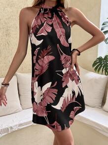 Breezaya Vestido halter con estampado tropical de espalda con abertura de ojo - Negro - Ver 6