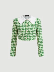 SHEIN MOD Houndstooth Print Peter-pan Collar Overcoat - Green - View 2