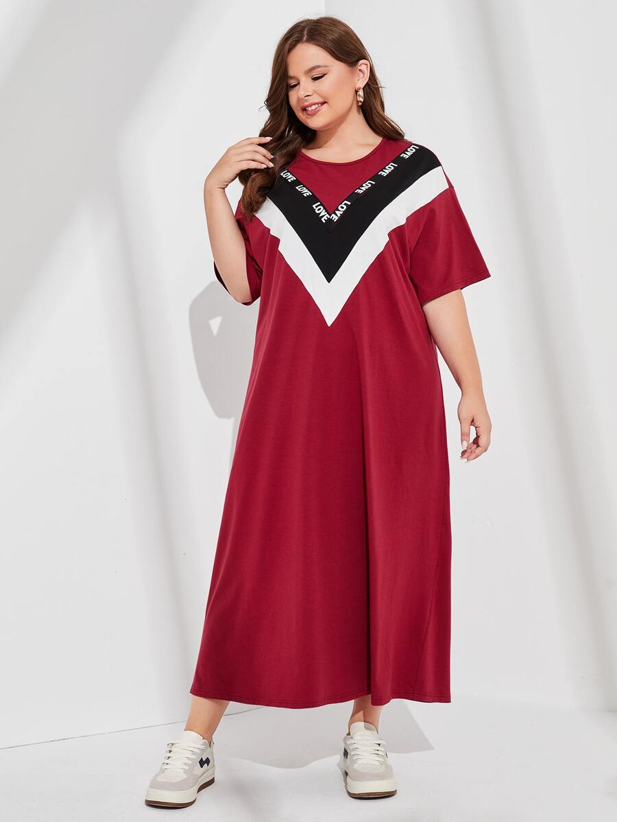 Mulvari Burgundy Red Plus Chevron Print Tee Dress - Burgundy - View 1