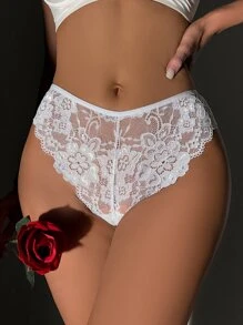 SHEIN 花卉蕾丝仿珍珠装饰内裤，性感内衣，新娘内衣 - 白色 - 查看 3