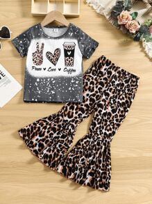SHEIN Toddler Girls Letter & Leopard Print Tee & Flare Leg Trousers - Multicolor - View 1