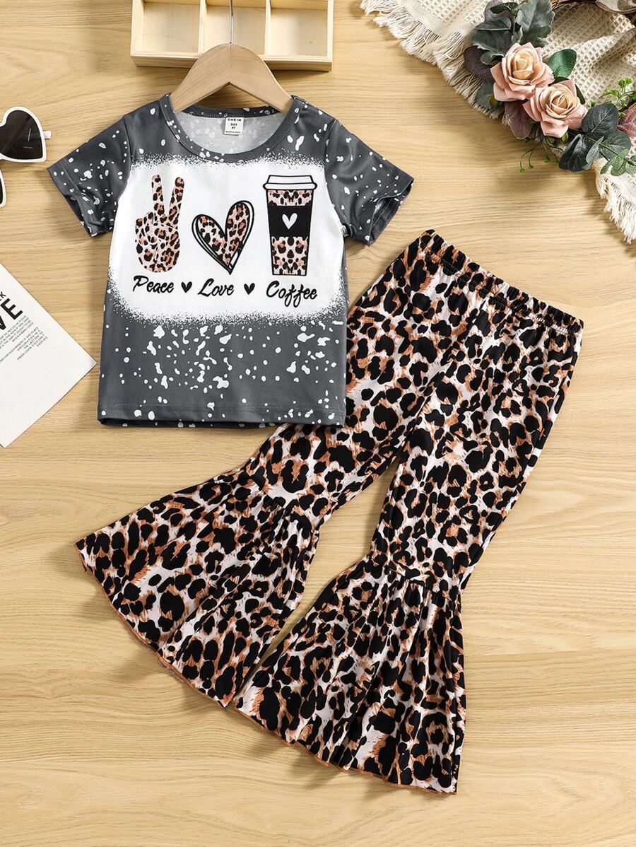 SHEIN Toddler Girls Letter & Leopard Print Tee & Flare Leg Trousers - Multicolor - View 1