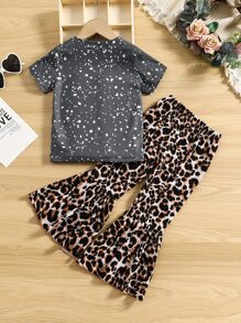 SHEIN Toddler Girls Letter & Leopard Print Tee & Flare Leg Trousers - Multicolor - View 2