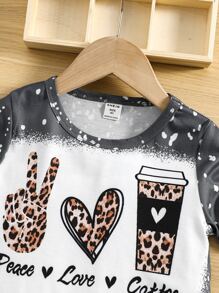 SHEIN Toddler Girls Letter & Leopard Print Tee & Flare Leg Trousers - Multicolor - View 3