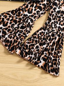 SHEIN Toddler Girls Letter & Leopard Print Tee & Flare Leg Trousers - Multicolor - View 4