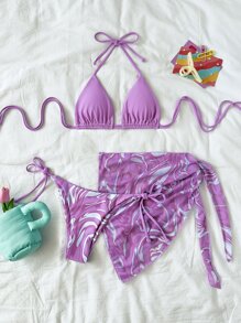 SHEIN X Sofía Suescun SHEIN Swim Summer Beach Marble Print Mesh Bikini Set Halter Triangle Bra Top & Tie Side Bikini Bottom & Skirt 3 Pieces Bikini Bathing Suits - Purple - View 1