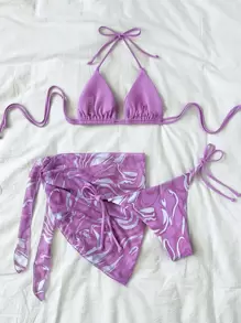 SHEIN X Sofía Suescun SHEIN Swim Summer Beach Marble Print Mesh Bikini Set Halter Triangle Bra Top & Tie Side Bikini Bottom & Skirt 3 Pieces Bikini Bathing Suits - Purple - View 2