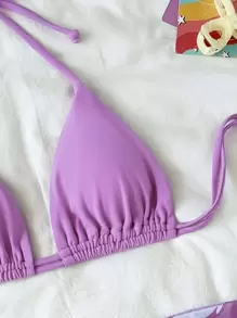 SHEIN X Sofía Suescun SHEIN Swim Summer Beach Marble Print Mesh Bikini Set Halter Triangle Bra Top & Tie Side Bikini Bottom & Skirt 3 Pieces Bikini Bathing Suits - Purple - View 3