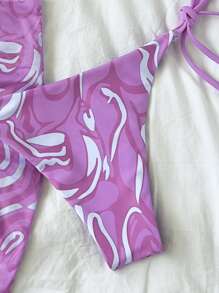 SHEIN X Sofía Suescun SHEIN Swim Summer Beach Marble Print Mesh Bikini Set Halter Triangle Bra Top & Tie Side Bikini Bottom & Skirt 3 Pieces Bikini Bathing Suits - Purple - View 4