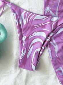 SHEIN X Sofía Suescun SHEIN Swim Summer Beach Marble Print Mesh Bikini Set Halter Triangle Bra Top & Tie Side Bikini Bottom & Skirt 3 Pieces Bikini Bathing Suits - Purple - View 5
