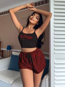 字母和条纹印花系腰睡衣套装/睡衣套装假日季节 - 黑色 - 查看 4