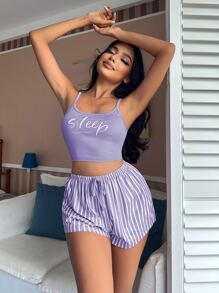 Letter & Striped Print Tie Waist PJ Set / Pajama Set Holiday Season