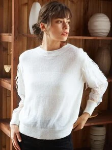 Knit Mix Contrast Lace Fringe Trim Jumper - Beige - View 5