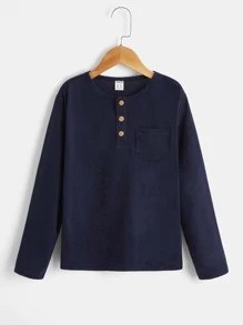 SHEIN Boys Patched Pocket Half Button Tee - Navy Blue - View 1
