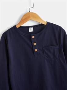 SHEIN Boys Patched Pocket Half Button Tee - Navy Blue - View 3