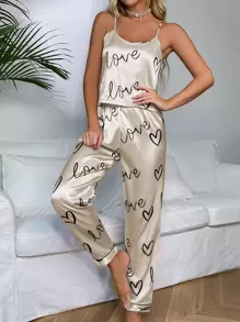 Miss Vinta 心形与字母图案缎面睡衣套装 / 睡衣套装