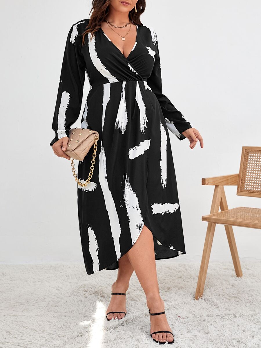 SHEIN Clasi Plus Brush Print Wrap Hem Dress - Black - View 1