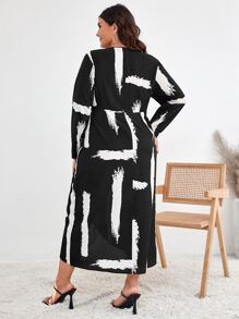 SHEIN Clasi Plus Brush Print Wrap Hem Dress - Black - View 2