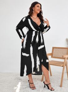 SHEIN Clasi Plus Brush Print Wrap Hem Dress - Black - View 3